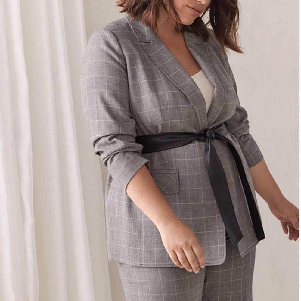 Addition Elle Grey Plaid Wrap Blazer with Satin Belt | Plus Size 20 | NWOT